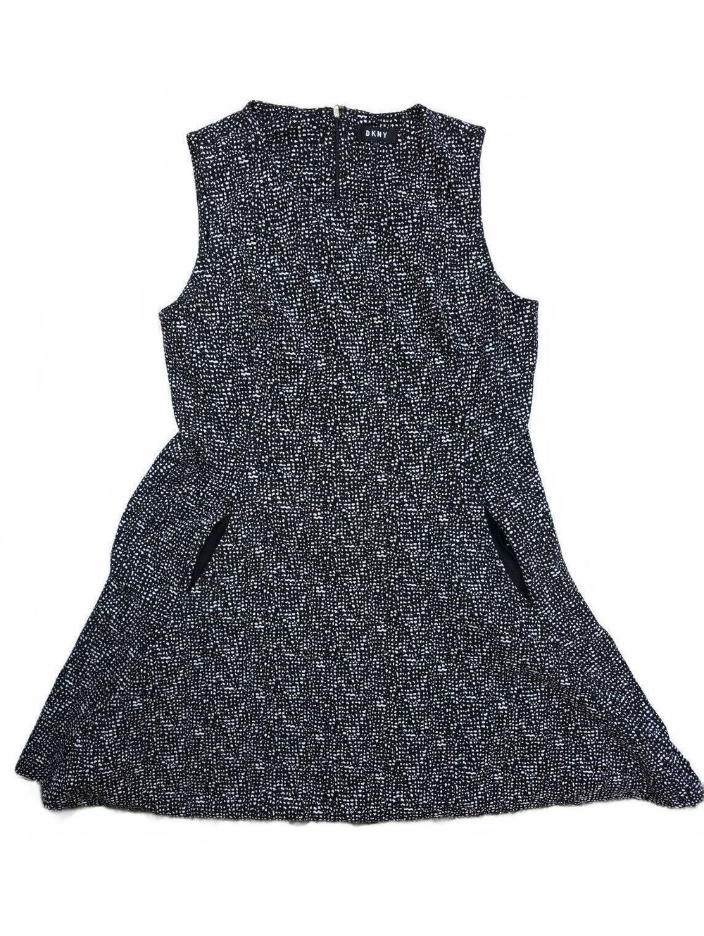 DKNY Black White Jacquard Knit Fit Flare A-Line Dress Size 14 Stretch Sleeveless - Picture 3 of 12